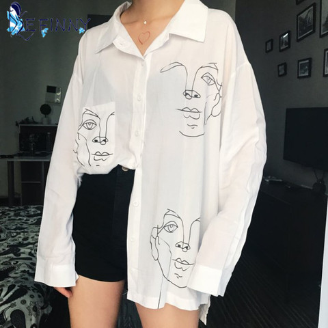 2022 nouveau été Blouse chemise femme coton visage impression à manches longues chemises haut pour femme dames vêtements ► Photo 1/6