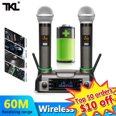 TKL – Microphone sans fil Rechargeable, système de micro portatif UHF avec 100 canaux, Microphones karaoké, portée de 60 mètres ► Photo 1/6