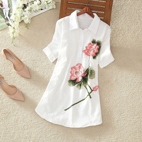 Chemise longue blanche pour femmes, chemisier de bureau en coton et lin, grande taille, Vintage, broderie, manches courtes, dames, Tops d'été décontractés 4XL 5XL ► Photo 1/6