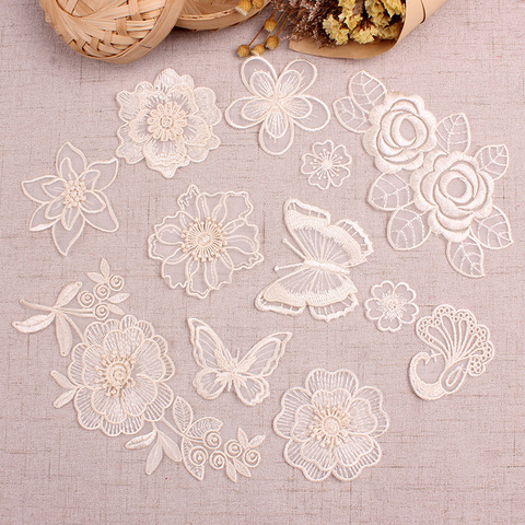 Patch 3D en dentelle Beige paon fleur papillon couture Ion sur vêtements broderie appliquée pour vêtements robe de mariée décoration rayure ► Photo 1/6