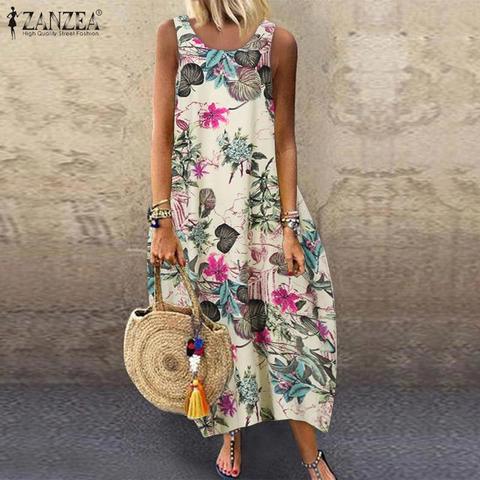 ZANZEA robe d'été femmes Vintage sans manches imprimé fleuri longue robe coton lin robe de soleil Baggy plage Vestido Sarafans 5XL ► Photo 1/6