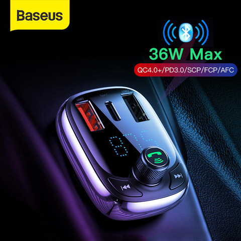 Baseus Charge rapide 4.0 chargeur de voiture pour téléphone FM transmetteur Bluetooth voiture Kit Audio lecteur MP3 rapide double USB voiture téléphone chargeur ► Photo 1/6