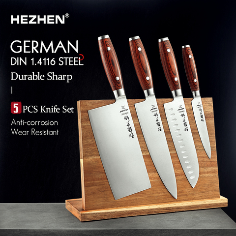 HEZHEN 5PC ensemble de couteaux de cuisine couperet + Chef + Santoku + utilitaire + porte-couteau magnétique outil de cuisine en acier inoxydable ► Photo 1/1