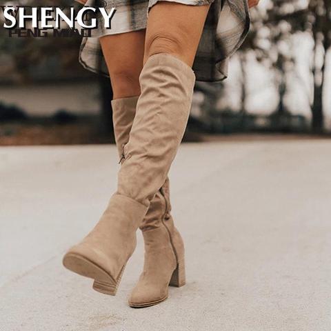 Femmes genou-bottes Sexy talons hauts couleur unie femmes chaussures Zip hiver chaud troupeau mode bout pointu Rome femmes bottes ► Photo 1/6