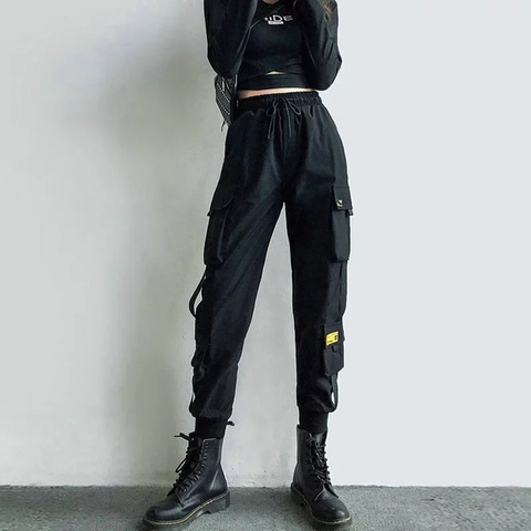 Pantalon Cargo femme ruban noir poche survêtement taille élastique haut Streetwear Harajuku pantalon Punk femmes pantalon sarouel ► Photo 1/6