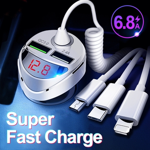 QC 3.0 chargeur de voiture rapide avec câble USB 3 en 1 pour iphone 11 7 Samsung Xiaomi Huawei Micro USB Type C chargeur de Charge de téléphone rapide ► Photo 1/6