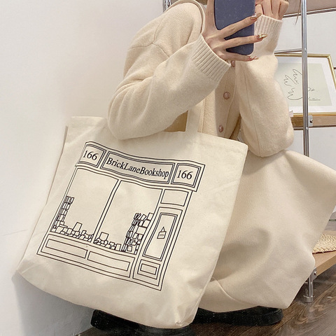 Sac de Shopping en toile pour femmes, sac de livres simples, sacs à bandoulière en tissu de coton écologique, grand fourre-tout d'épicerie pour dames ► Photo 1/6