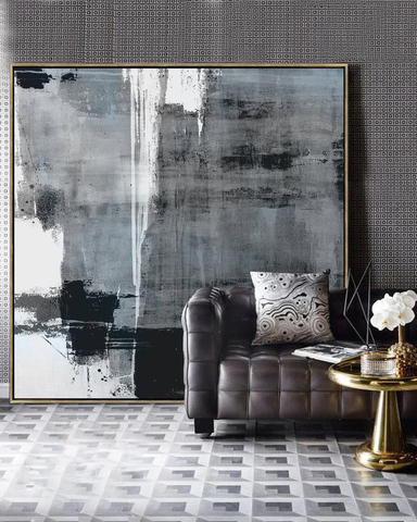 Toile de peinture minimaliste surdimensionnée en noir et blanc, Art Original sur toile, Extra Large, peinture murale grise ► Photo 1/6