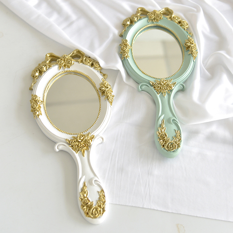 Miroir à main Portable avec poignée miroir de maquillage rétro nœud doré motif en relief pour décoration de mariage, blanc, bleu, rose ► Photo 1/5