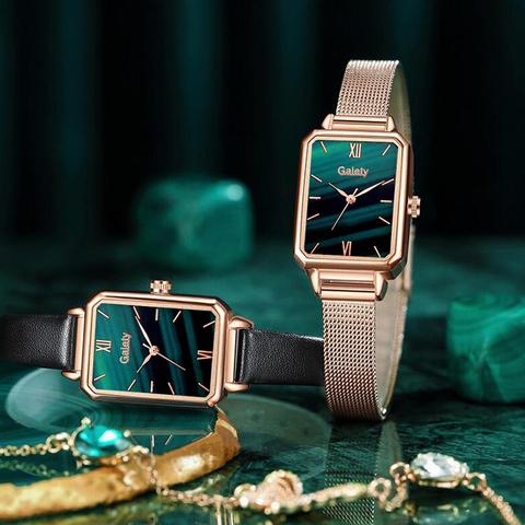 Femmes de luxe carré vert cadran Bracelet montres pour femmes mode Rose en acier inoxydable Quartz horloge dames montre-Bracelet cadeau ► Photo 1/6