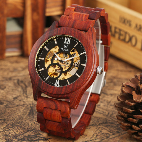 Or squelette mécanique hommes montre rouge en bois montre automatique montres pointeur lumineux affichage hommes montres reloj masculino ► Photo 1/1