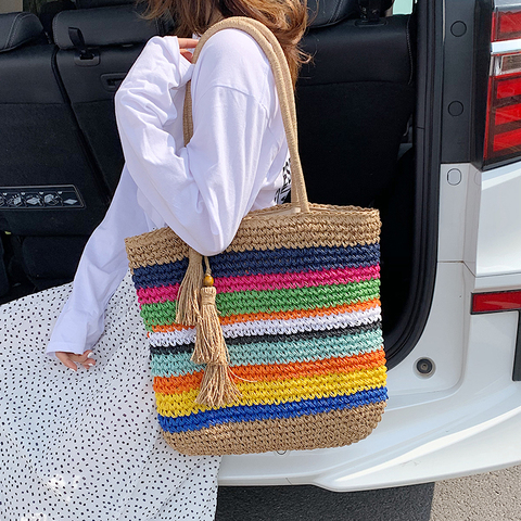 Sac à main tissé avec pompon pour femmes, sac à bandoulière de grande capacité, sac à épaule ins fashion, nouvelle collection 2022 ► Photo 1/5