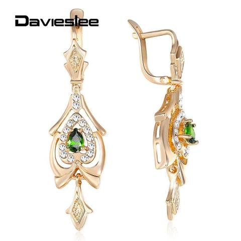 Davieslee larme Olivine vert CZ lustre balancent boucles d'oreilles pour les femmes pavé clair zircon cubique 585 or Rose rempli DGE109 ► Photo 1/6