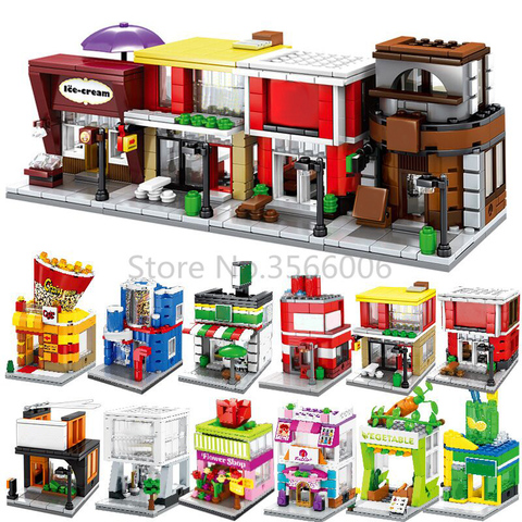 Simple Mini ville rue série nourriture bonbons Pizza crème glacée boutique librairie MOC blocs de construction enfants jouets éducatifs ► Photo 1/6