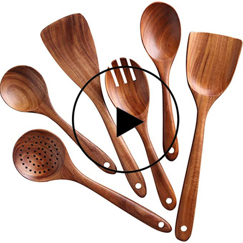 Ensemble d'ustensiles de cuisine, ensemble d'ustensiles de cuisine en bois poêle antiadhésive outil de cuisine cuillères de cuisson en bois et spatules cuillères en bois ► Photo 1/6