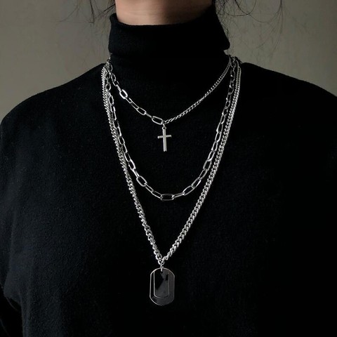 Nouvelle personnalité croix carré métal multicouche Hip hop longue chaîne Cool Simple collier pour femmes hommes bijoux cadeaux 19 ► Photo 1/6