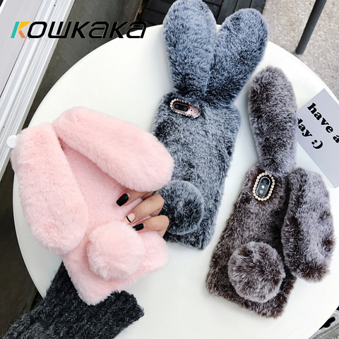 Kowkaka mignon oreilles de lapin fourrure en peluche coque de téléphone pour iPhone 12 Mini 11 Pro Max XS Max XR X SE 2022 6 6S 7 8 Plus chaud étui en peluche ► Photo 1/6