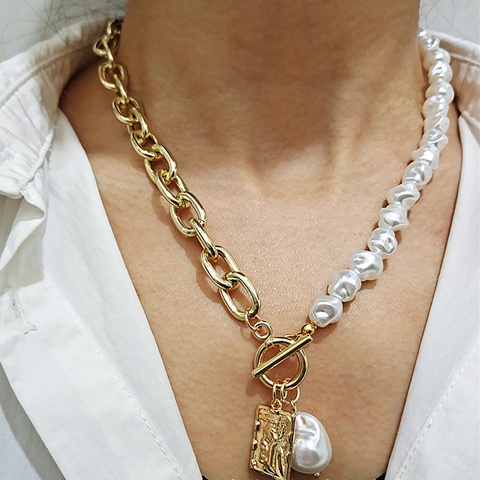 Collier avec pendentif géométrique pour femmes, bijou avec chaîne dorée avec perles, Baroque, Vintage, accessoires ► Photo 1/6