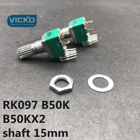 Potentiomètre réglable de contrôle de Volume RK097 B50K B503 B50KX2, arbre 15mm, pied incurvé double vertical, 6 broches, commutateur d'axe de fleur ► Photo 1/1