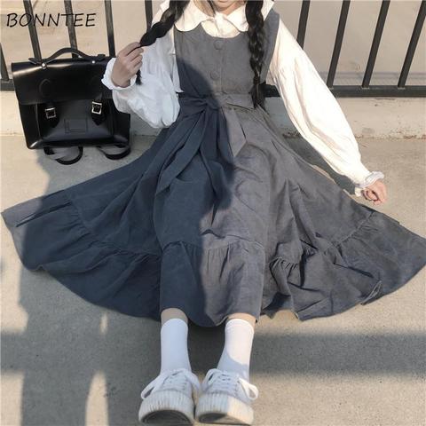 Robe longue sans manches pour femmes, Style collège Ulzzang, à volants, taille haute, Kawaii, nœud papillon, grande taille 4XL, nouvelle collection été ► Photo 1/6