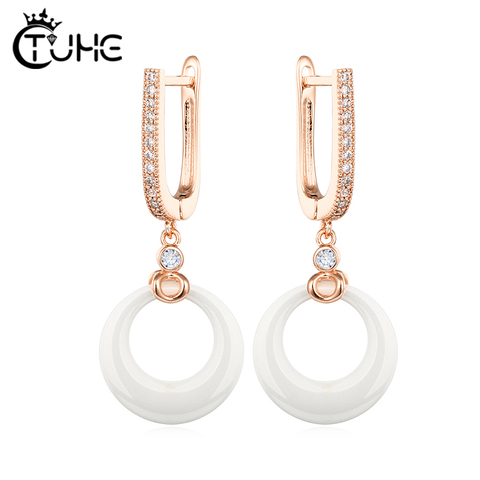 Boucles d'oreilles rondes en or Rose pour femmes, bijoux de mariage en cristal avec céramique noire et blanche, pendentif, 585 ► Photo 1/6