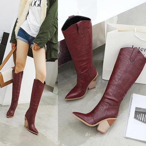 Bottes de Cowboy occidentales hautes pour femmes, chaussures d'hiver longues à bout pointu ► Photo 1/6
