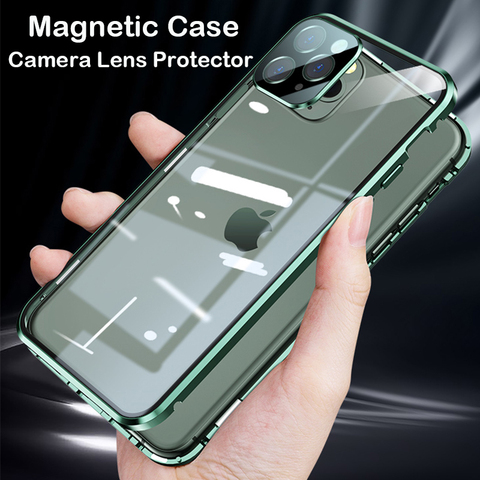 Etui magnétique pour iPhone 12 Mini 12 Pro MAX Coque 11 Pro MAX XS XR protecteur d'objectif de caméra couvercle en verre trempé étui de pare-chocs en métal ► Photo 1/6