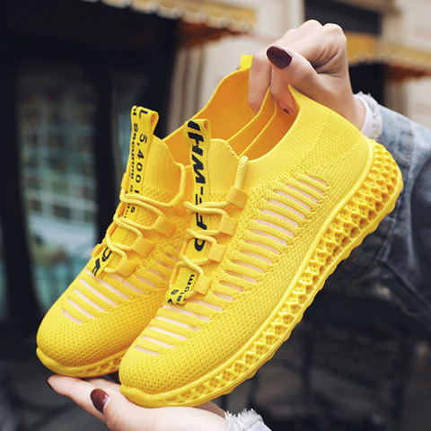 Espadrilles décontractées pour femmes maille plate-forme respirant blanc Sport Sneaker dames formateurs femme chaussette baskets jaune femme chaussures ► Photo 1/6