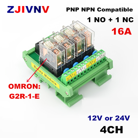 Support sur Rail DIN OMRON G2R-1-E 16a, 4 canaux, 1no + 1nc, entrée 12V 24V DC, Module relais d'interface PNP NPN compatible ► Photo 1/3