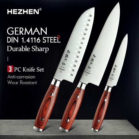 HEZHEN base série 1-3PC ensemble de couteaux Chef Santoku utilitaire en acier inoxydable Pakka manche en bois outil de cuisine ► Photo 1/6