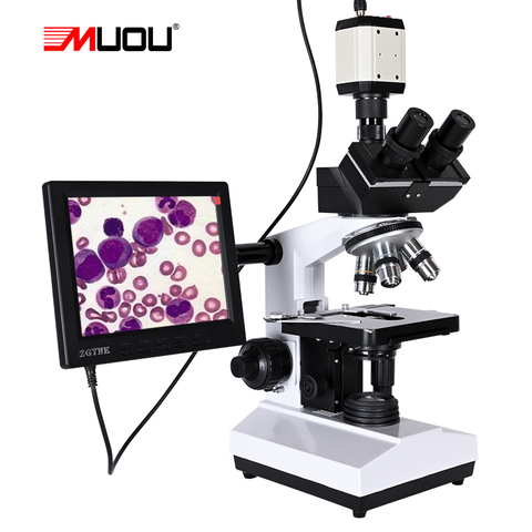 Microscope trinoculaire biologique HD zoom 2500x + USB, laboratoire professionnel, + USB HDMI VGA CVBS, caméra électronique numérique CCD + LCD de 8 pouces ► Photo 1/6