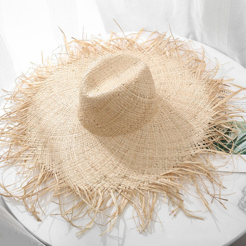 Naturel grand Large bord disquette chapeau raphia Jazz chapeau de paille femmes été frange plage casquette main armure soleil chapeau en gros ► Photo 1/6