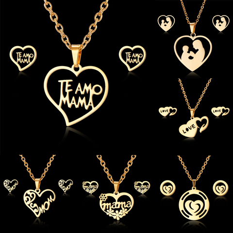 Rinhoo fête des mères ensemble de bijoux cadeau en acier inoxydable maman amour coeur Rose fleur pendentif collier boucles d'oreilles maman Thanksgiving cadeau ► Photo 1/6