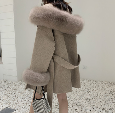 Nouvel an 2022 luxe réel cachemire mélange manteau femmes hiver laine à capuche Cardigan veste avec véritable fourrure de renard col droppshipping ► Photo 1/5