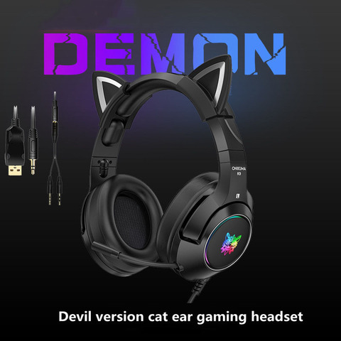 Nouveau K9 noir démon version chat oreille casque de jeu avec micro RGB lumineux téléphone portable ordinateur réduction du bruit casque ► Photo 1/6