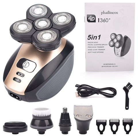 5 en 1 4D hommes Rechargeable tête chauve rasoir électrique 5 têtes flottantes barbe nez oreille cheveux rasoir Clipper brosse faciale ► Photo 1/6