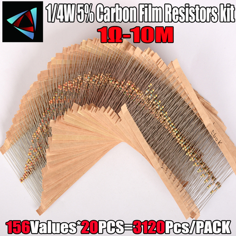 3120 pièces 156 valeurs 1 -10M ohm 1/4W 5% résistances à Film de carbone Kit d'assortiment composants électroniques ► Photo 1/3