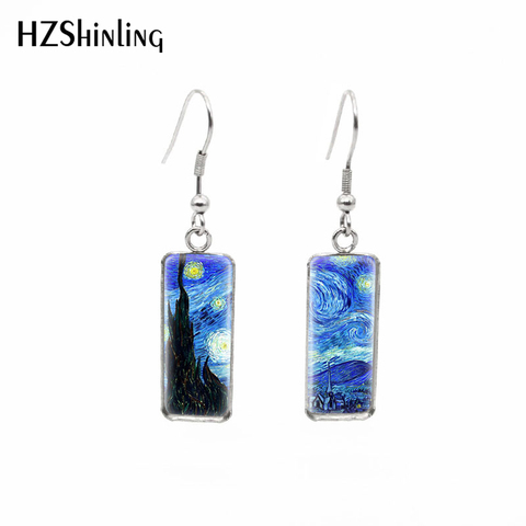 Boucles d'oreilles rectangulaires en forme de crochet de poisson Van Gogh peinture, la nuit étoilée, bijoux artisanaux en verre, nouveauté 2022 ► Photo 1/6