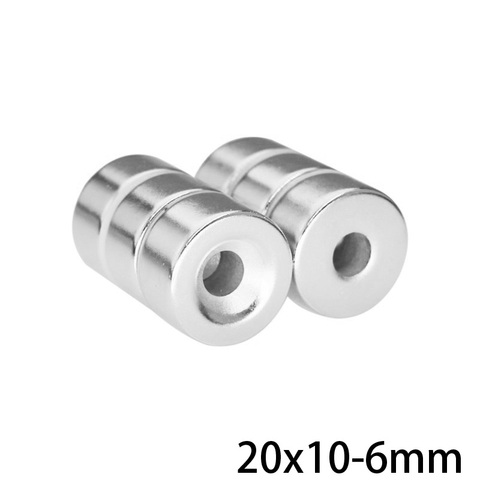 Lot de 2 à 100 aimants puissants N35 20x10-6 en néodyme, disque magnétique à base de terres rares, 20x10mm, trou de 6mm ► Photo 1/6