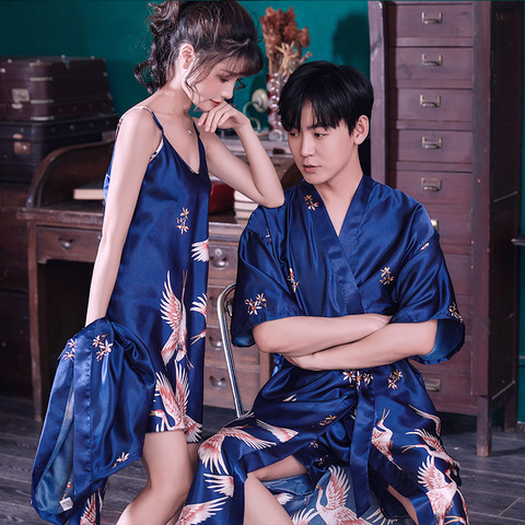 Robe de nuit en soie Kimono, ensemble de vêtements de nuit, chemise de bain, robe courte Sexy, Couple amoureux, pyjamas ► Photo 1/6