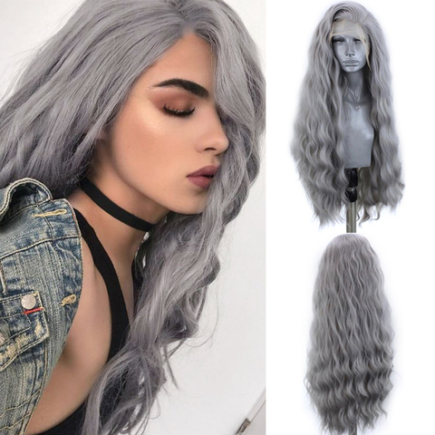 Perruque Lace Front Wig ondulée grise argentée, perruque synthétique avec naissance de cheveux naturelle, perruque haute température pour femmes noires ► Photo 1/6