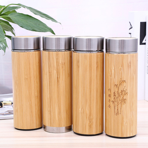 Gobelet en bambou naturel de 350ml 450ml | Bouteille Thermos à revêtement en acier inoxydable, flacons sous vide, bouteilles isolées, tasse de bambou pour le thé ► Photo 1/6