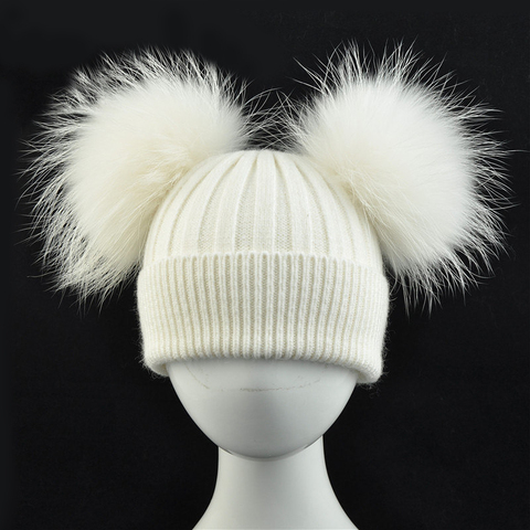 Chapeaux chauds en fourrure de raton laveur pour enfant, bonnet en laine, deux pompons, pour fille et garçon ► Photo 1/6