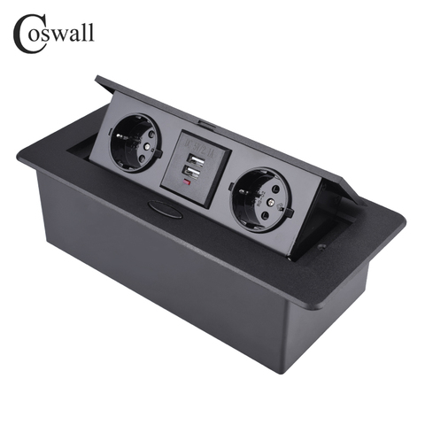 COSWALL plaque frontale en alliage de Zinc POP-UP souple 2 prise de courant ue double Port de Charge USB sortie de Table de bureau noir mat/couverture argentée ► Photo 1/5