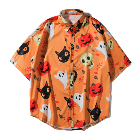 Chemise Vintage hawaïenne à manches courtes pour homme, vêtement de plage, décontracté, surdimensionné, imprimé citrouille, Halloween, été ► Photo 1/6