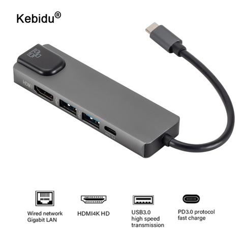 Hub 4K USB type-c vers Ethernet Rj45 Lan 5 en 1, adaptateur pour macbook Pro, Thunderbolt 3 USB-C, chargeur PD ► Photo 1/6