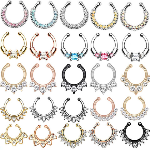 Faux anneau de nez en acier inoxydable, Lot de 1 ou 2 pièces, Piercing en cristal, Faux Septum ► Photo 1/6