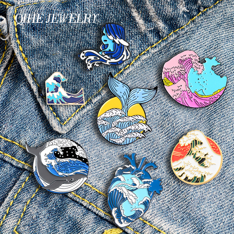 QIHE – broches à revers en émail, série baleine ondulée, broches bleues océan, Badges à la mode, broches en cœur, cadeaux mignons pour amis, vente en gros ► Photo 1/6