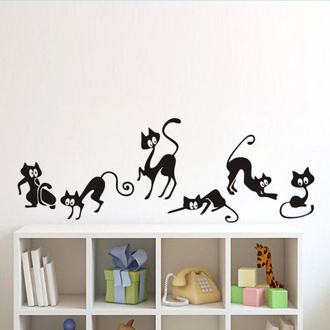 Lovely 6 Black Cute Cats Wall Sticker Moder Cat Wall Stickers Girls Vinyl Home Decor Cute Cat Living Room Children Room   ► Photo 1/4