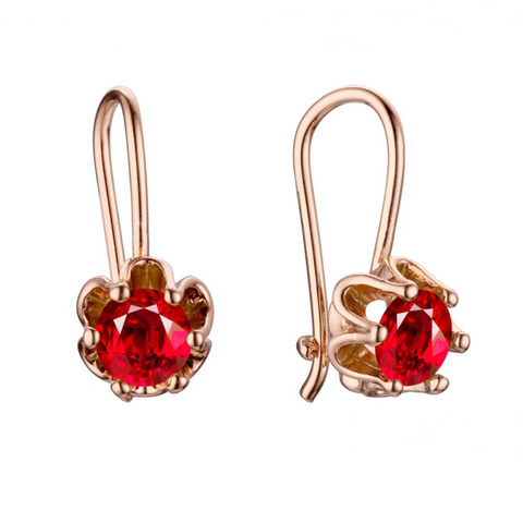 Femmes mignon 585 or Rose couleur rouge pierre fleurs en forme de goutte bijoux boucles d'oreilles ► Photo 1/5